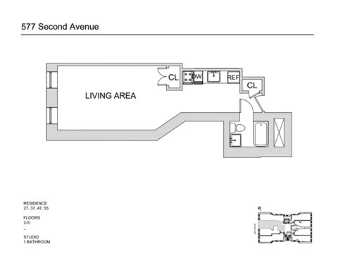 Floor plan for studio, 1 bath, 439 sqft